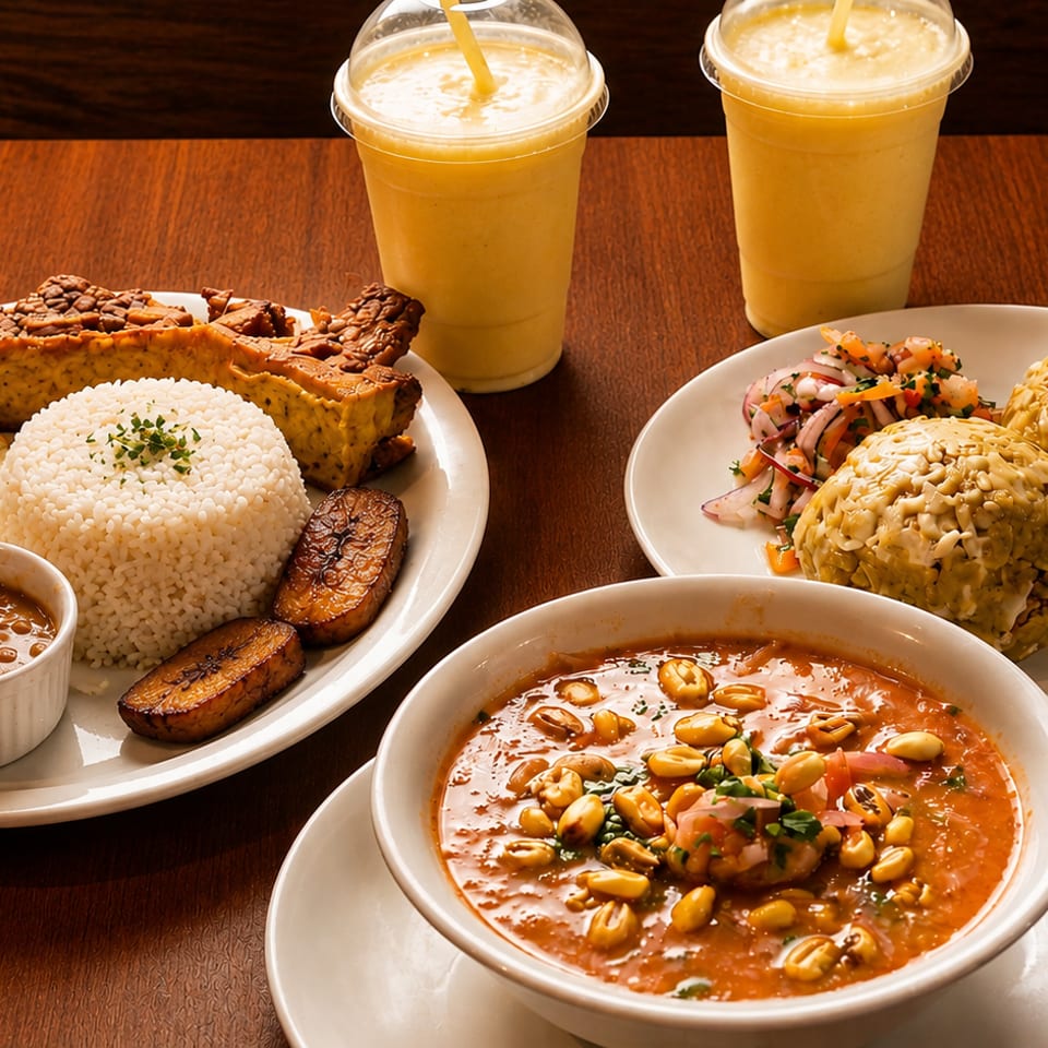 A table laden with various dishes, including rice, beans, plantains, soup, and two yellow drinks.