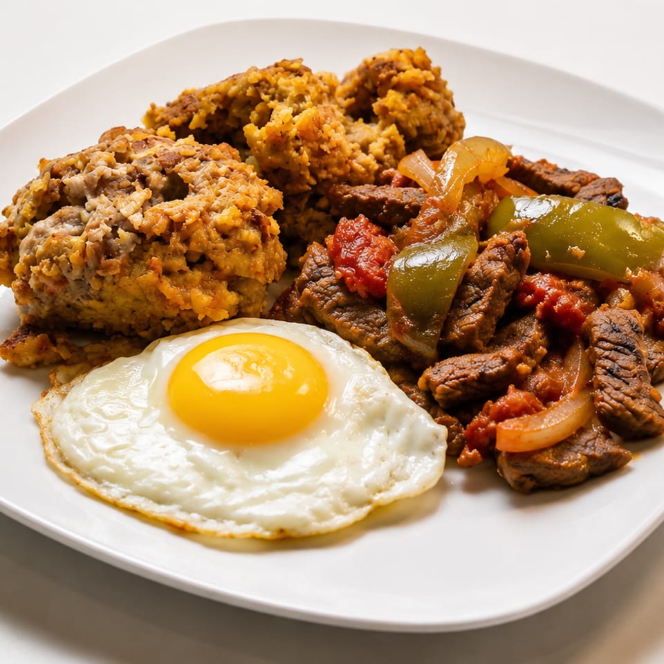 A white plate with a fried egg, beef and peppers, and a side of mofongo.