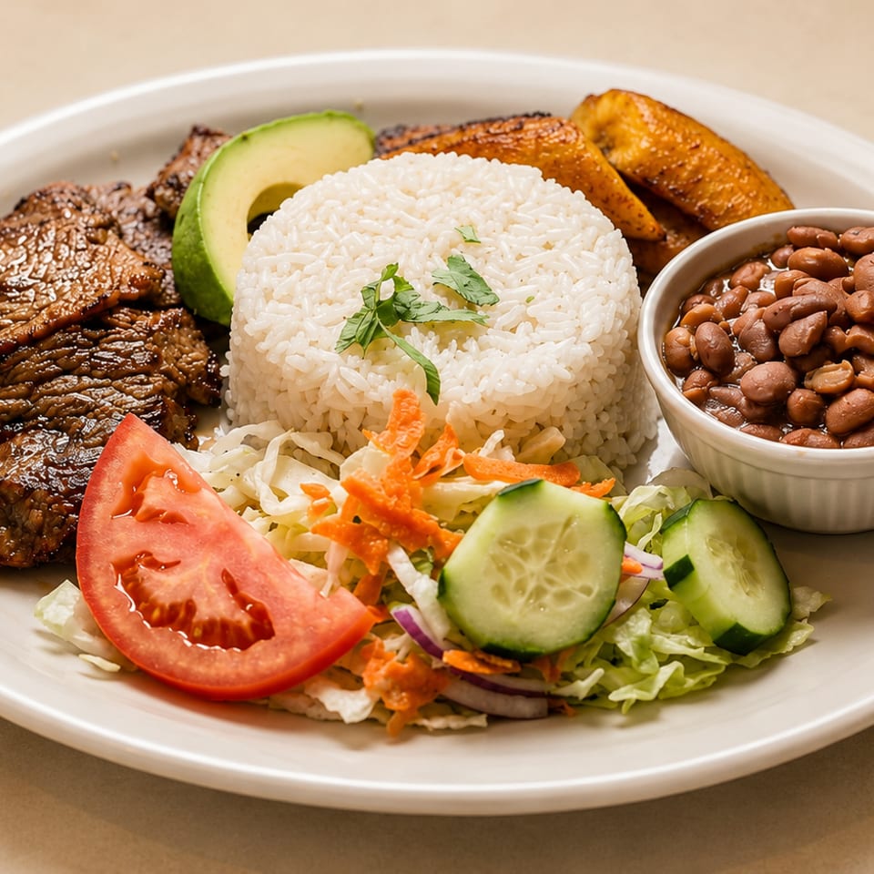Grilled steak, white rice, beans, avocado, plantains, and a side salad on a white plate.